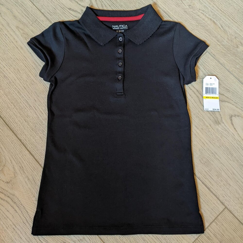 Nautica Girls' Uniform Short Sleeve Polo, Black, Size M(8/10) Regular